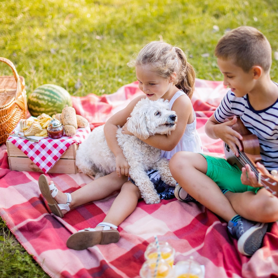 A young girl and a boy sitting on a red and white checkered blanket in a grassy park, sharing a picnic with a small white dog on their laps. A basket, watermelon, and bread are visible on the blanket.