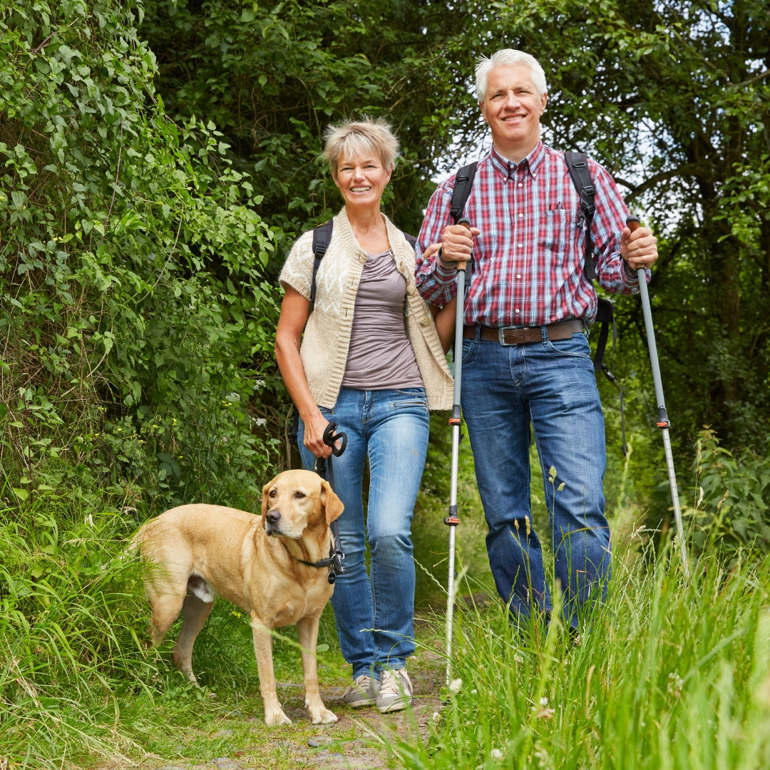 An older couple hiking outdoors with trekking poles and a golden retriever on a grassy path surrounded by green trees.
