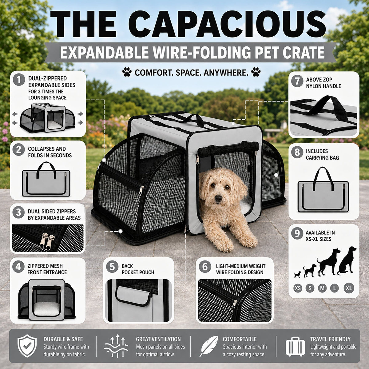 Dual-Sided Expandable Folding Pet Crate Carrier