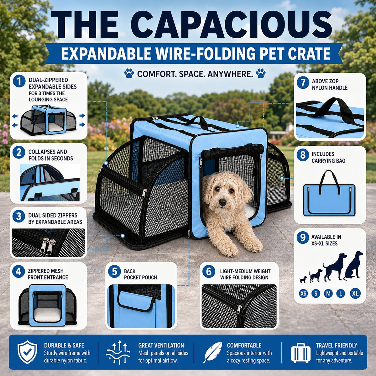 Dual-Sided Expandable Folding Pet Crate Carrier