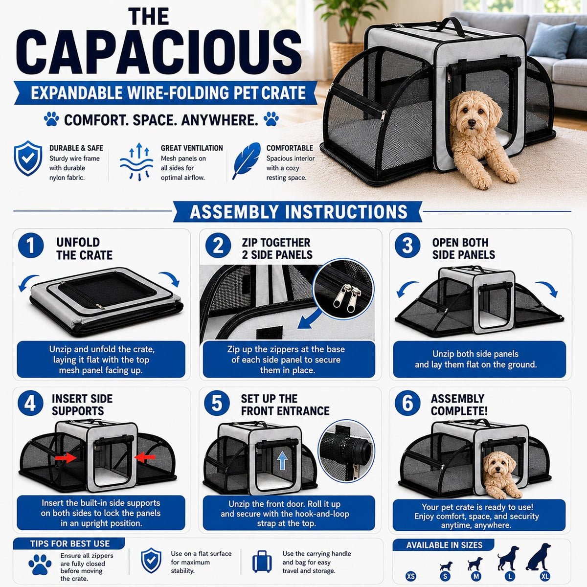 Dual-Sided Expandable Folding Pet Crate Carrier