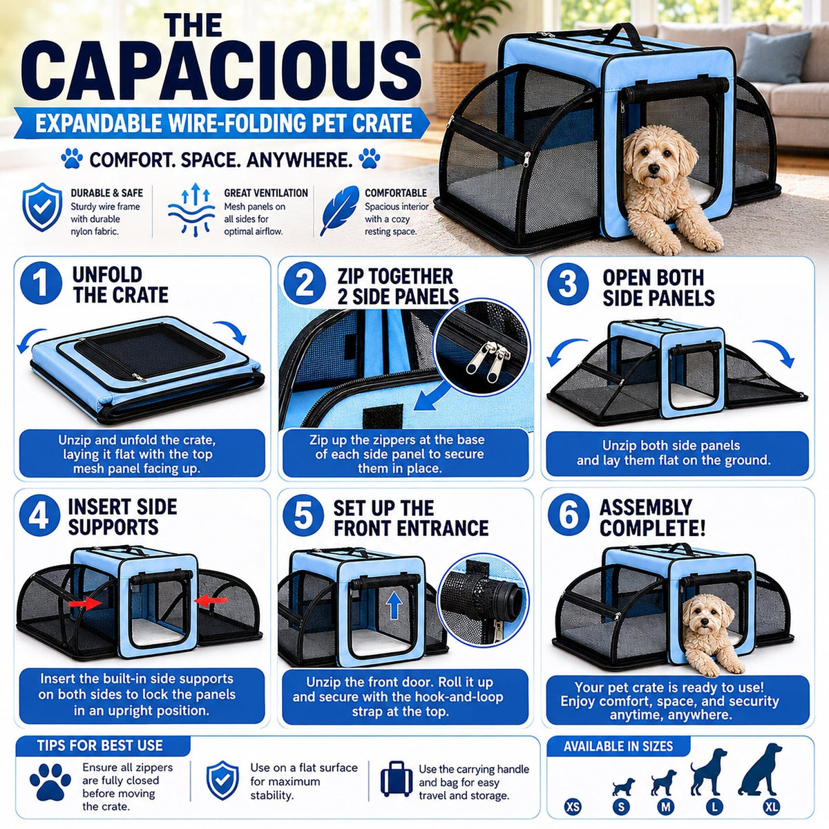 Dual-Sided Expandable Folding Pet Crate Carrier